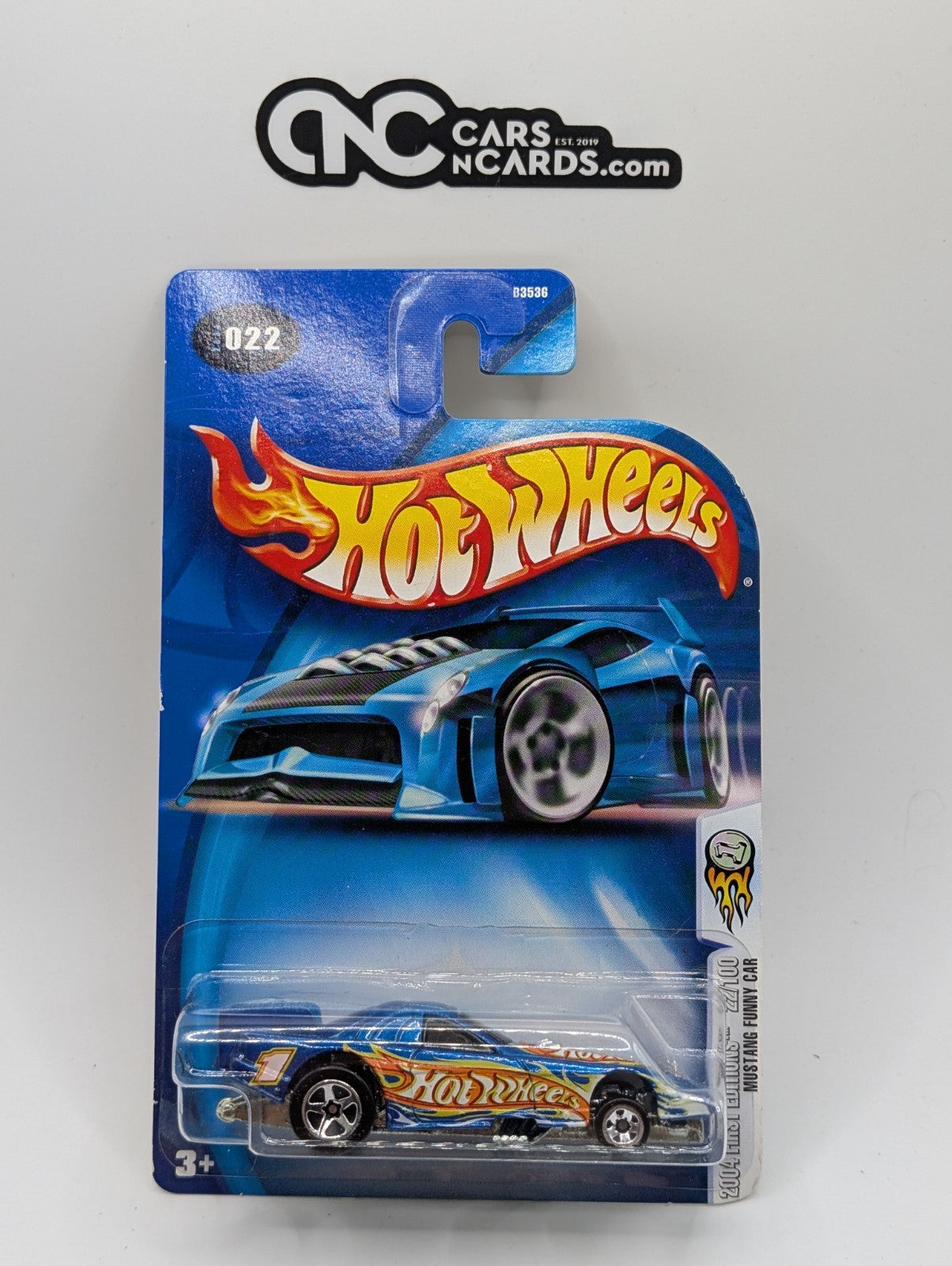 2004 Hot Wheels First Editions 22/100 Mustang Funny Car Blue (Card Damage)