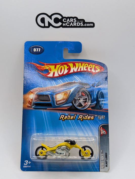 2005 Hot Wheels Rebel Rides 2/5 Blast Lane Yellow (Card Damage)
