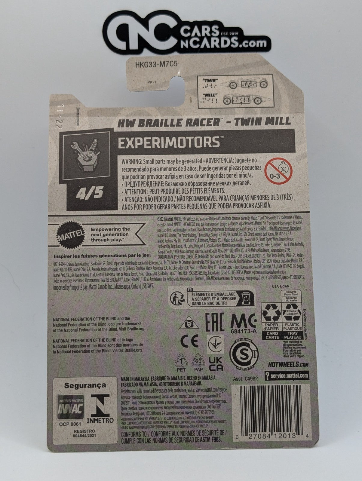 2022 Hot Wheels Experimotors 4/5 HW Braille Racer Twin Mill White (Card Damage)