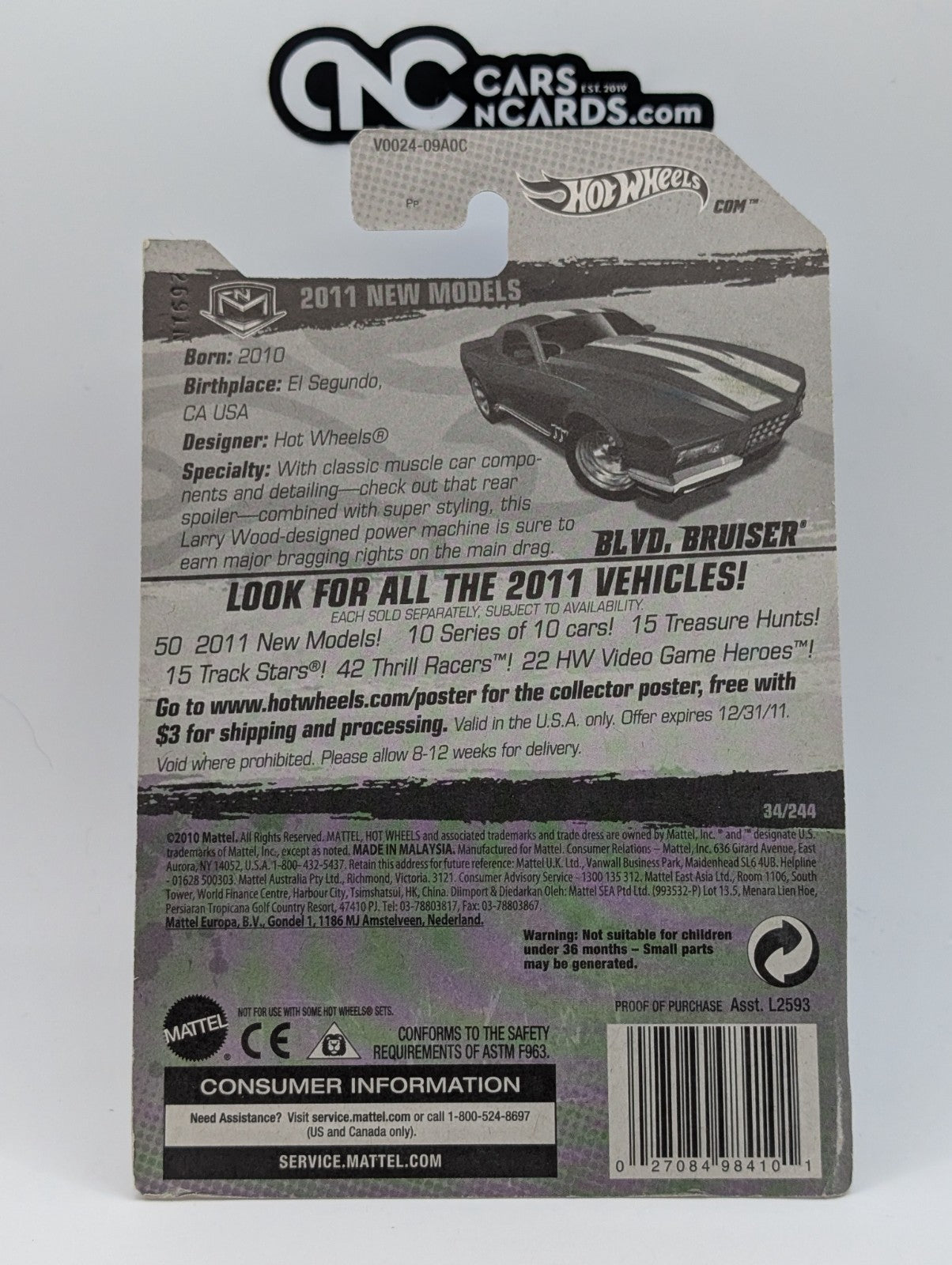 2011 Hot Wheels New Models Blvd Bruiser Purple 5SP (Card Damage)