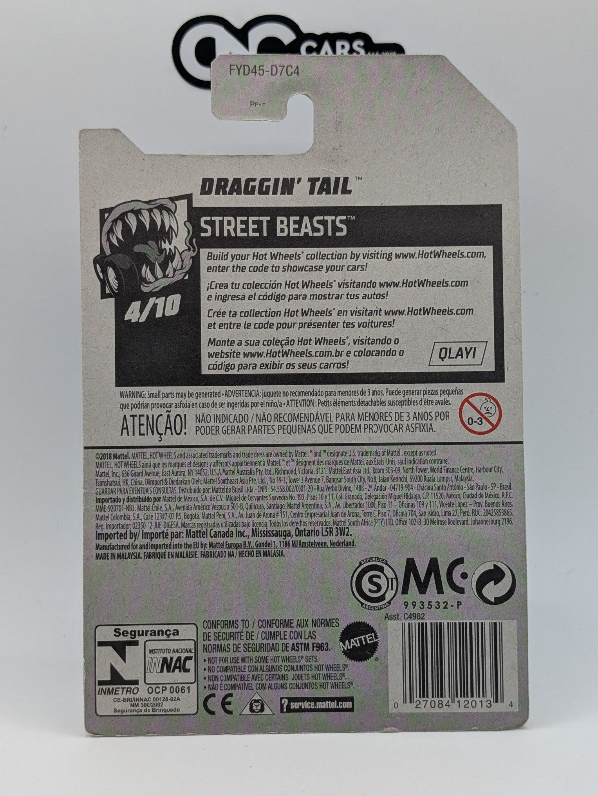 Hot Wheels Street Beasts 4/10 Draggin' Tail 191/250 (Card Damage)
