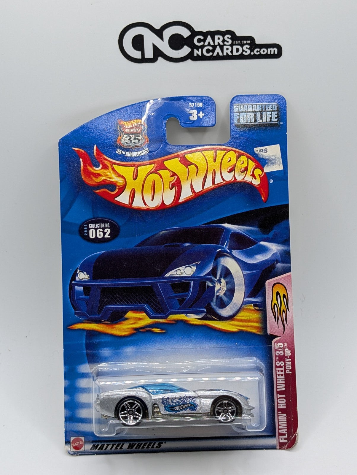 2003 Hot Wheels Flammin' Hot Wheels 3/5 Pony Up Silver #62 (Card Damage)