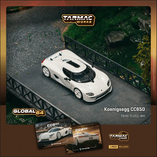 TARMAC WORKS GLOBAL64 1:64 Koenigsegg CC850 White Model Car +Trading Cards Combo