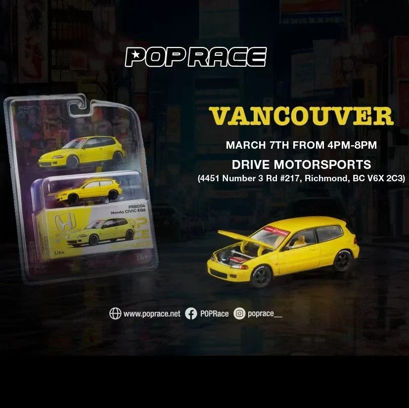 POPRACE 1:64 Honda Civic EG6 YELLOW Vancouver 2026 Edition PRB004