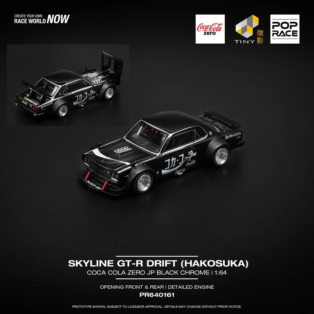 POPRACE 1:64 SKYLINE GT-R DRIFT (HAKOSUKA) COCA COLA ZERO BLACK CHROME PR640161