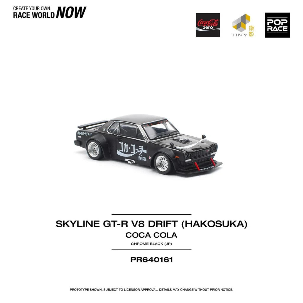 POPRACE 1:64 SKYLINE GT-R DRIFT (HAKOSUKA) COCA COLA ZERO BLACK CHROME PR640161