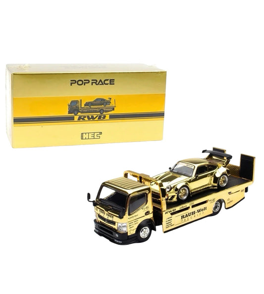 Pop Race 1:64 Gold Chrome RWB 930 & Fuso Truck Set - HEC 2026 Exclusive Sealed