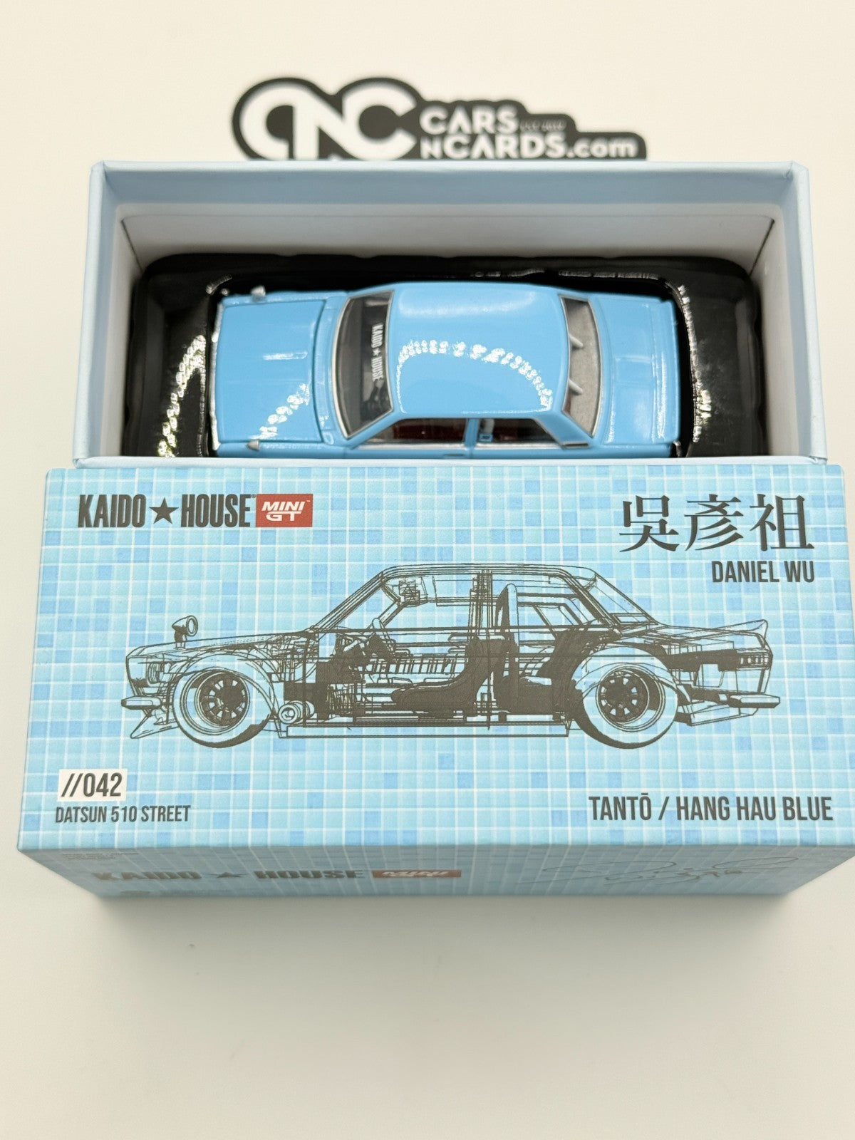 Mini GT x Kaido House KHMG042 Datsun 510 Pro Street Daniel Wu Blue Open Box