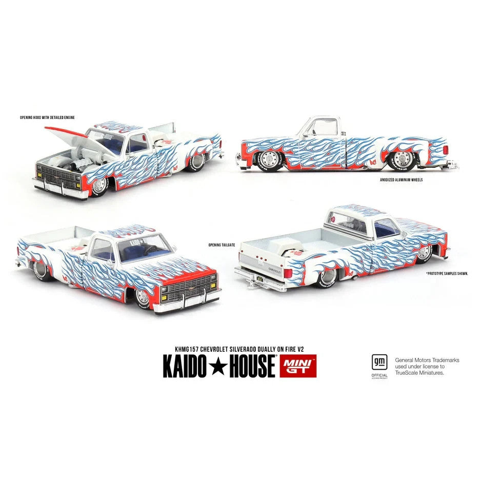 Kaido House x Mini GT 1:64 KHMG157 Chevrolet Silverado Dually on Fire Open Box