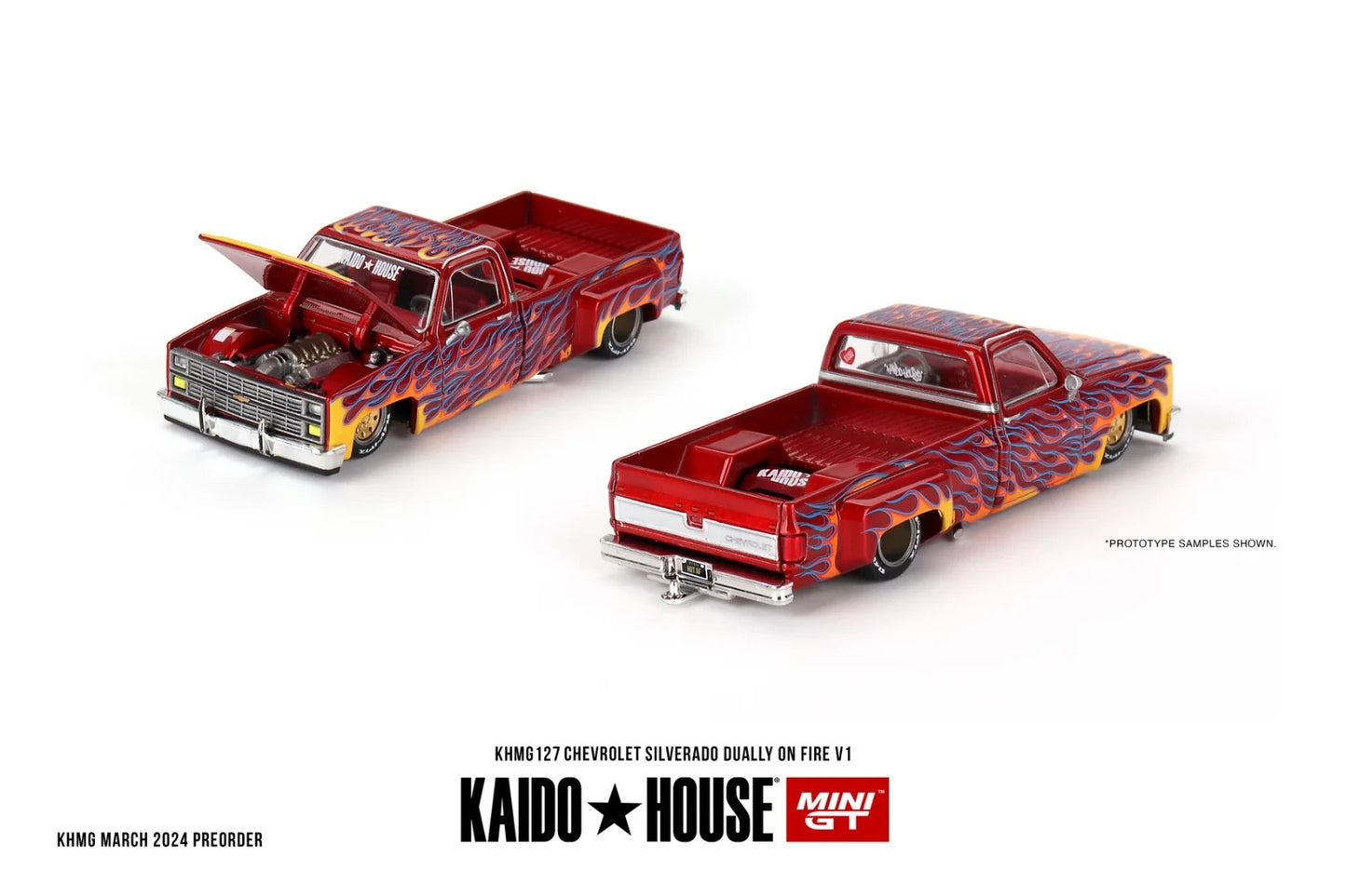 Kaido House x Mini GT 1:64 KHMG127 Chevrolet Silverado Dually On Fire Open Box