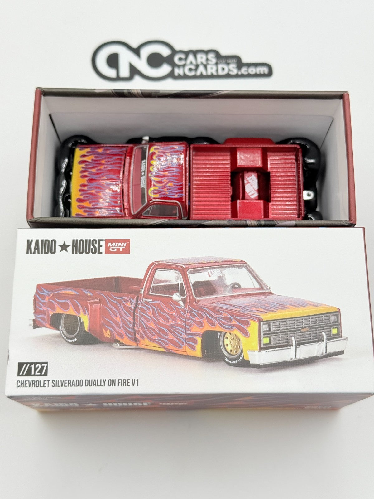 Kaido House x Mini GT 1:64 KHMG127 Chevrolet Silverado Dually On Fire Open Box
