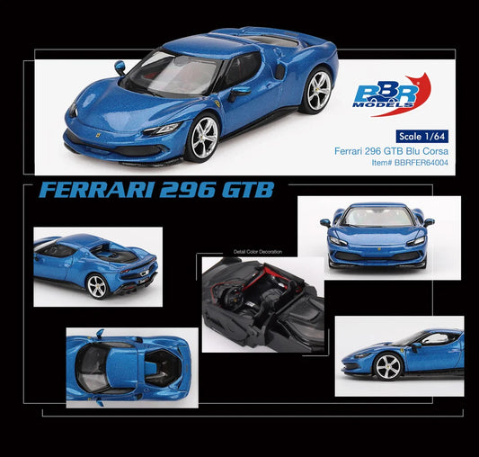 BBR Models 1:64 Ferrari 296 GTB Blu Corsa Diecast Model Car BBRFER64004