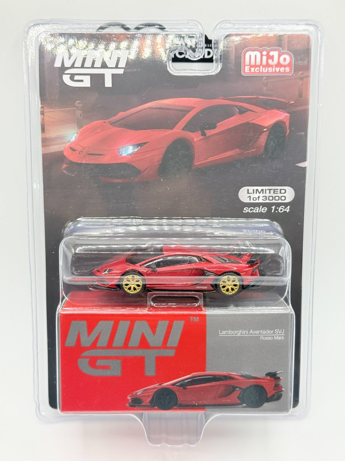 MINI GT 1:64 Lamborghini Aventador SVJ Rosso Mars Rare CHASE Gold Wheels