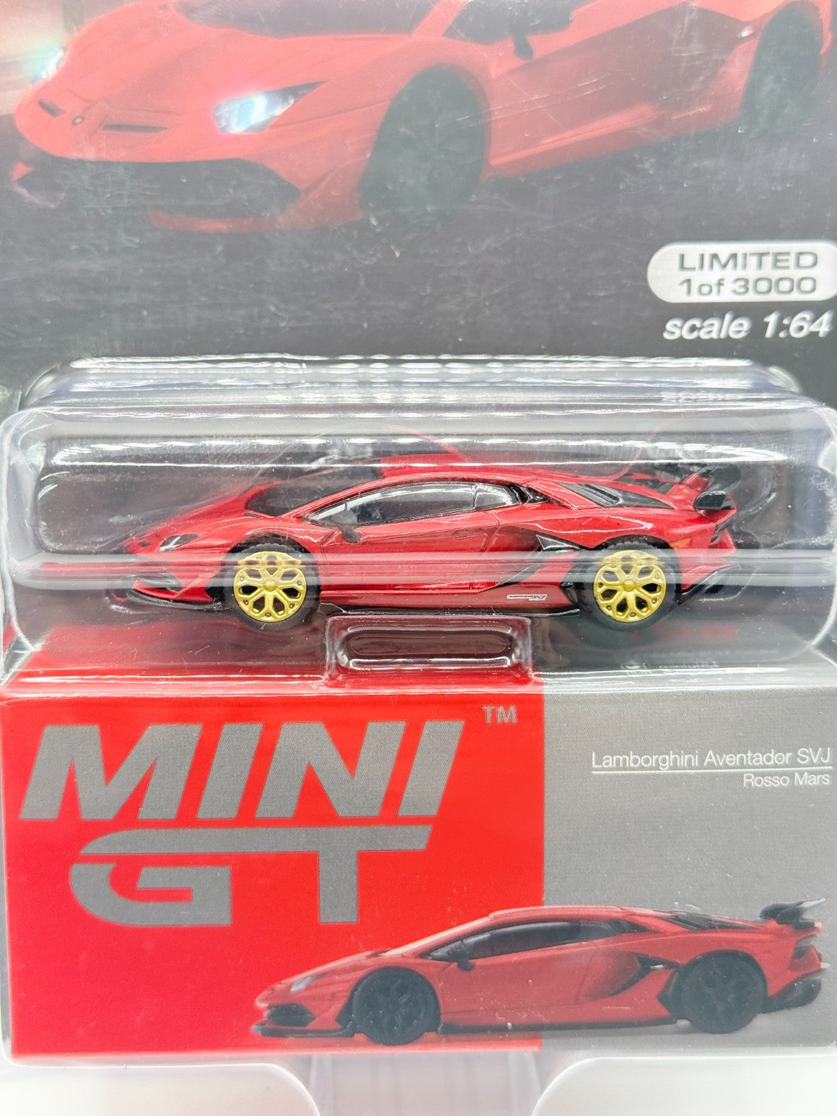 MINI GT 1:64 Lamborghini Aventador SVJ Rosso Mars Rare CHASE Gold Wheels