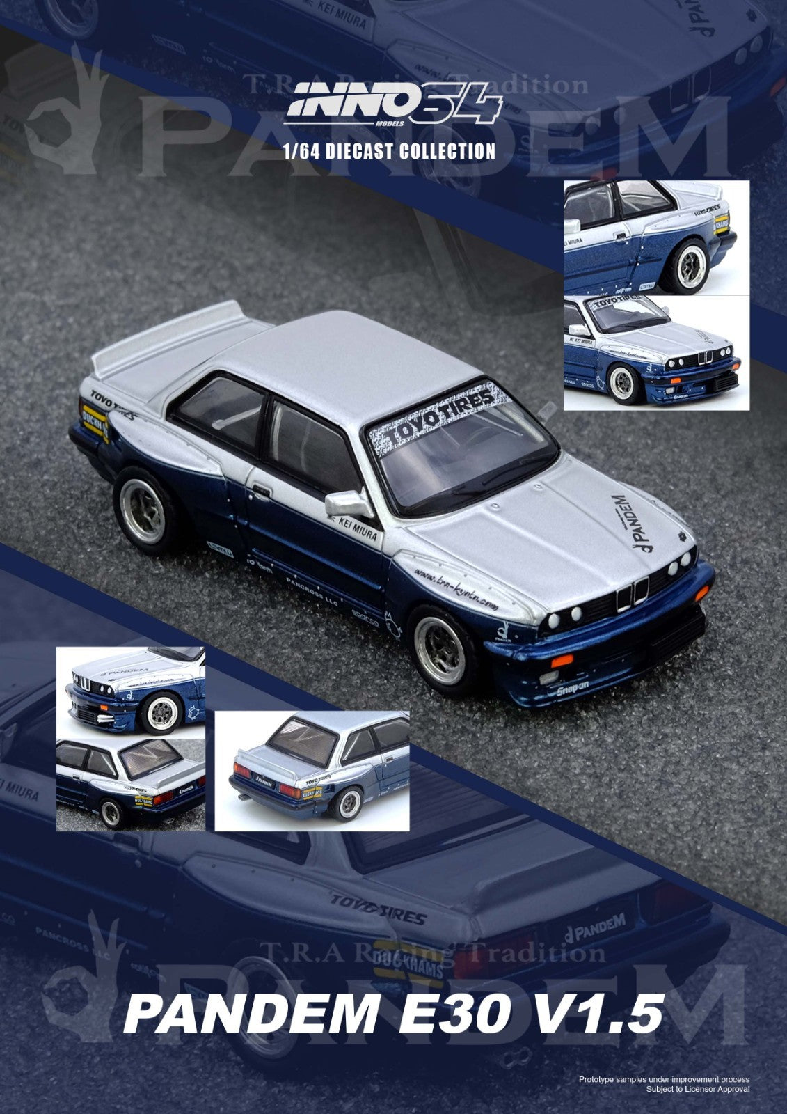 INNO64 1:64 PANDEM E30 M3 Silver/Blue IN64-E30P-SILBLU