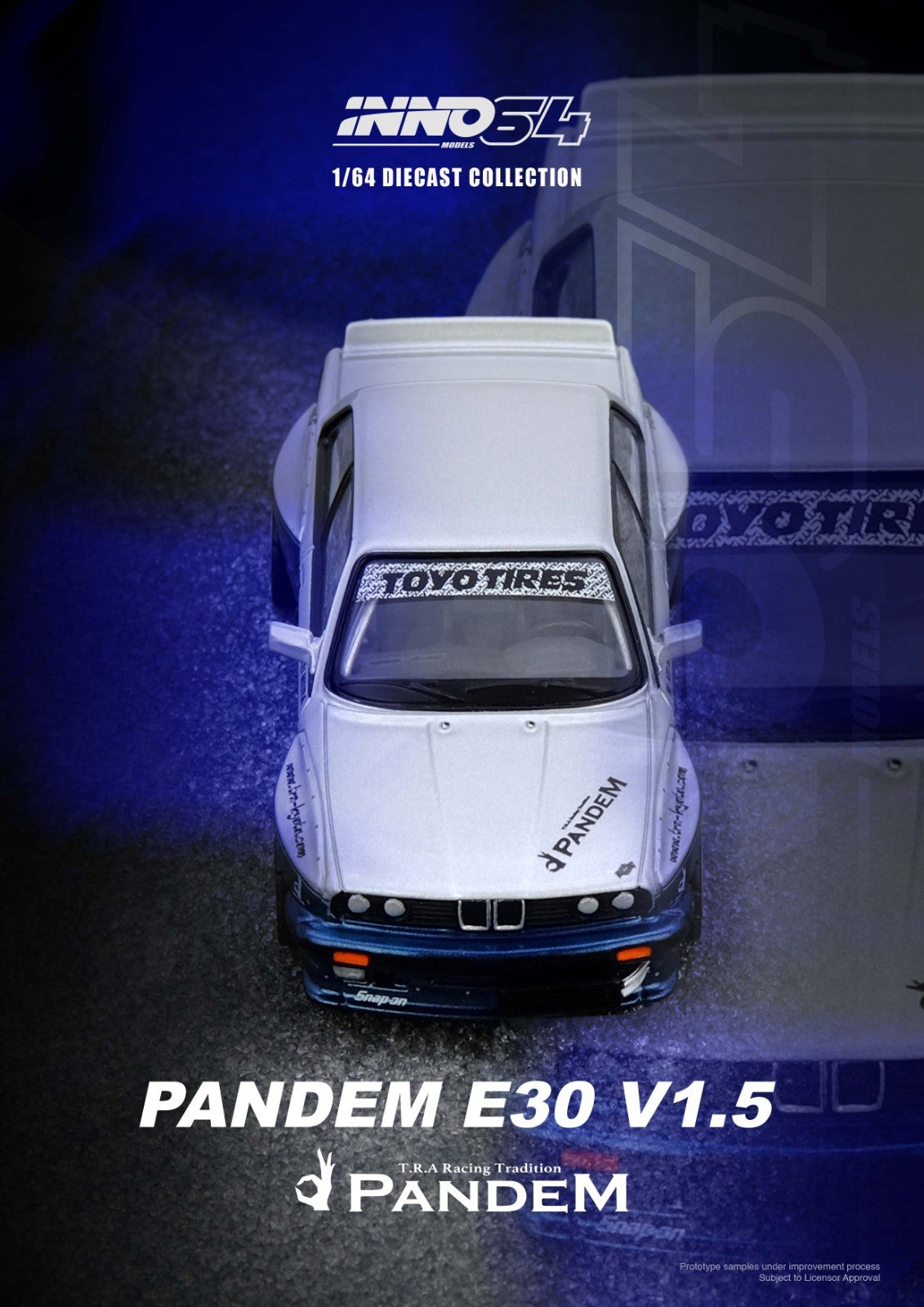 INNO64 1:64 PANDEM E30 M3 Silver/Blue IN64-E30P-SILBLU