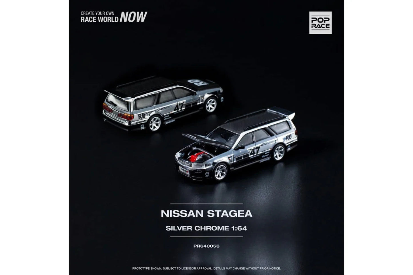 POPRACE PR640056 Stagea R34 Silver Chrome 1:64 Open Box