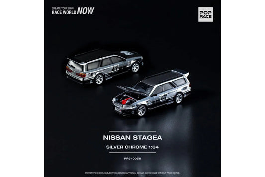 POPRACE PR640056 Stagea R34 Silver Chrome 1:64 Open Box