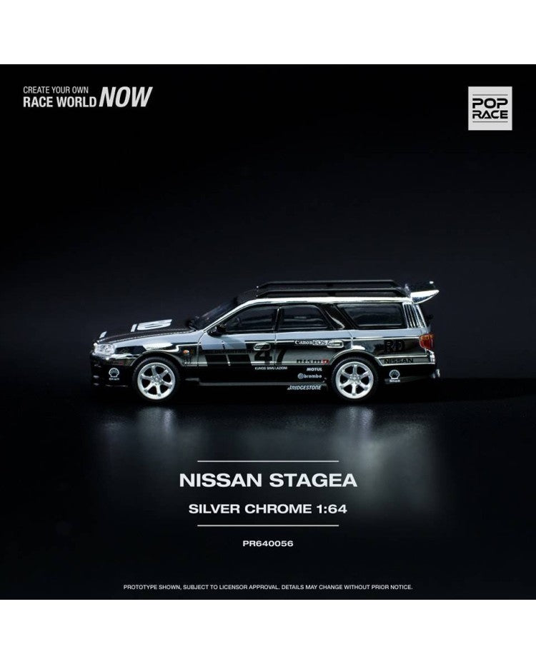 POPRACE PR640056 Stagea R34 Silver Chrome 1:64 Open Box