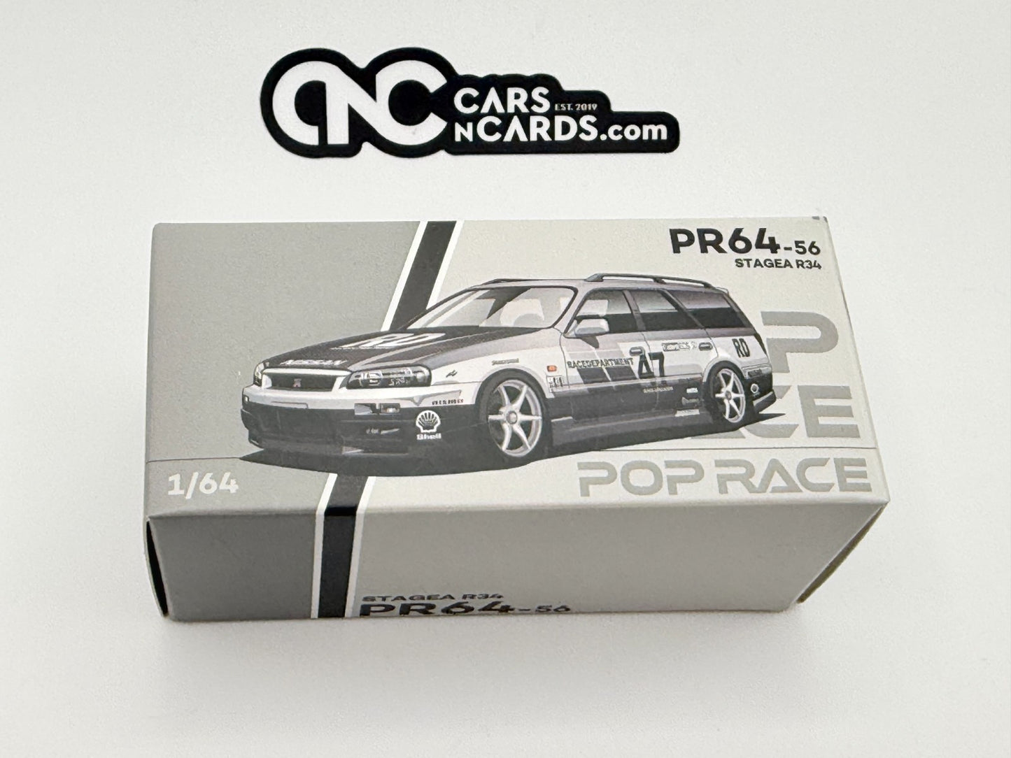 POPRACE PR640056 Stagea R34 Silver Chrome 1:64 Open Box