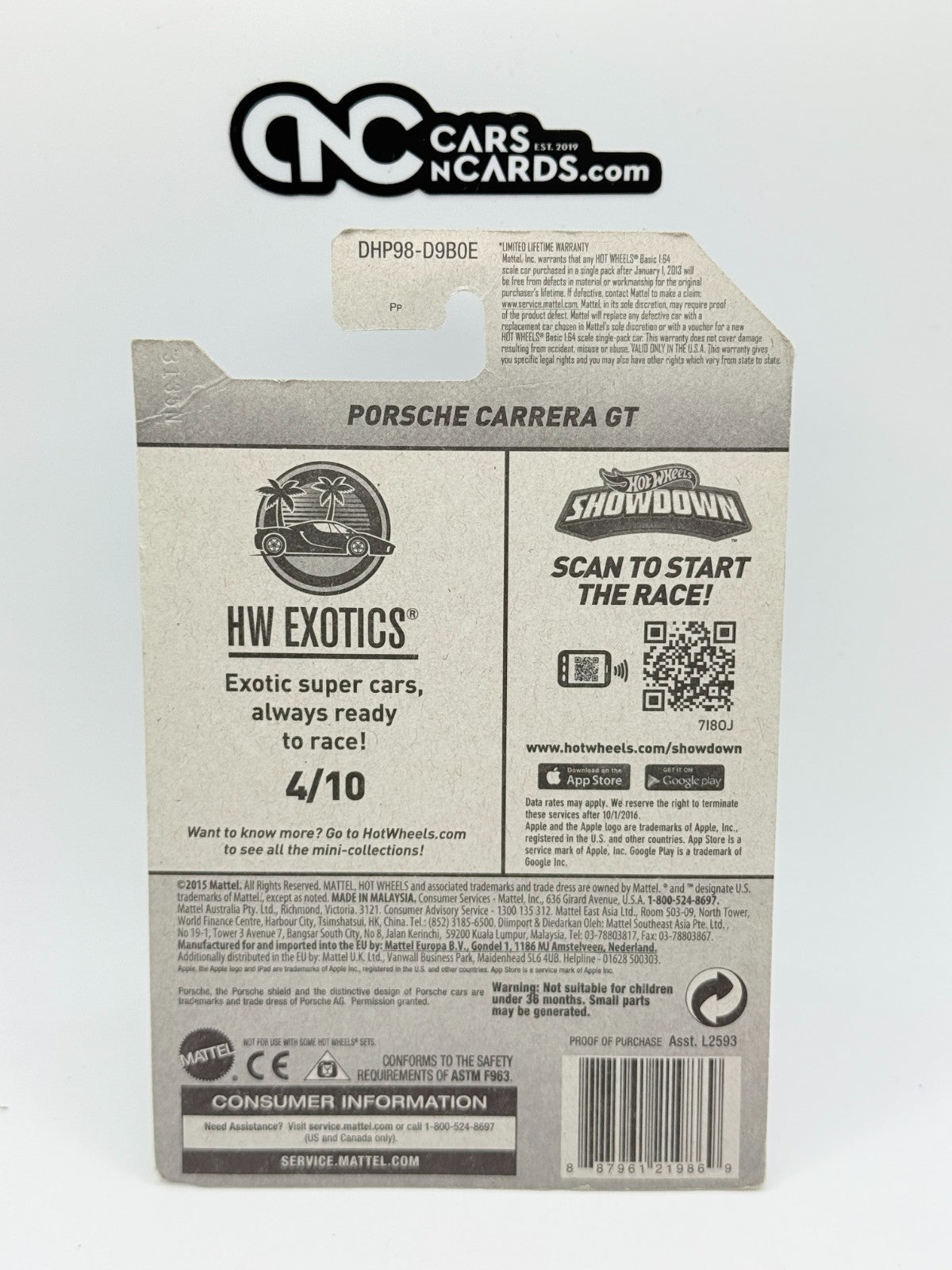 2016 Hot Wheels HW Exotics 4/10 Porsche Carrera GT Black (Card Damage)
