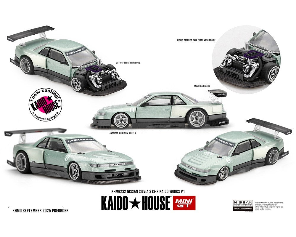 Kaido House x Mini GT Nissan Silvia S13-R KAIDO WORKS V1 – Sea Foam Green Sealed