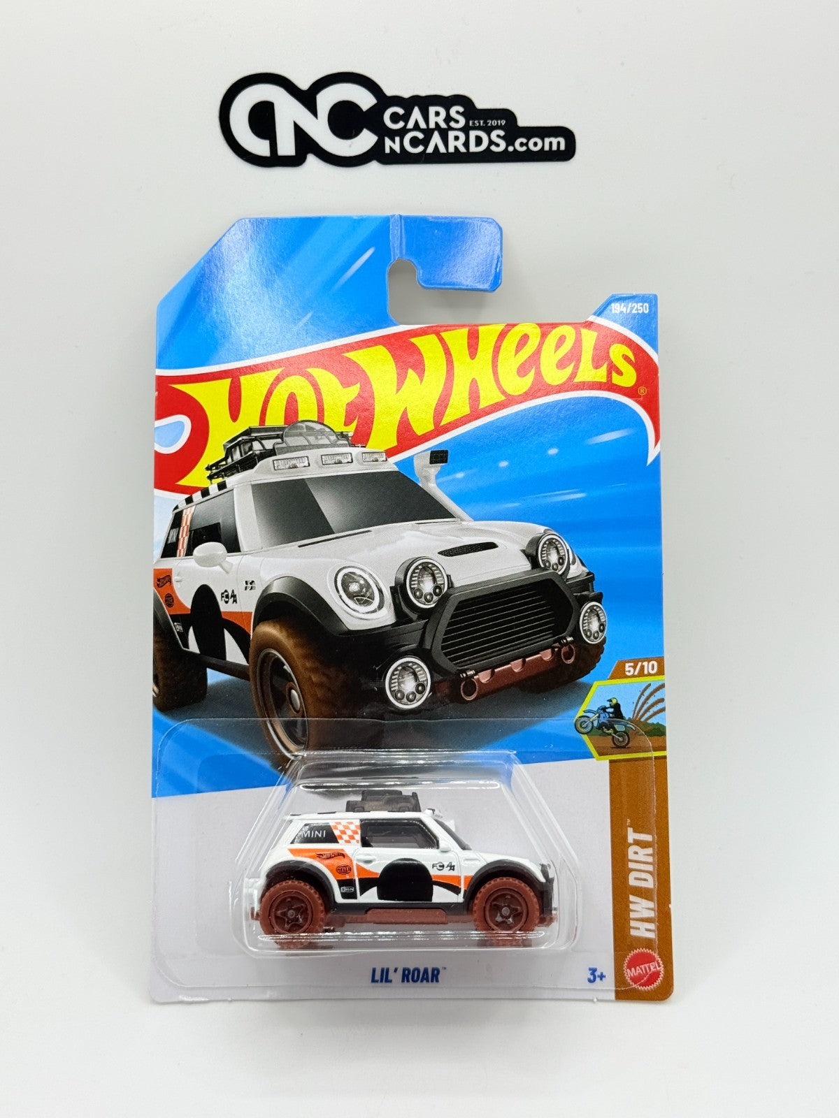 2026 Hot Wheels HW Dirt Lil' Roar White Mini Cooper (Soft Corners)