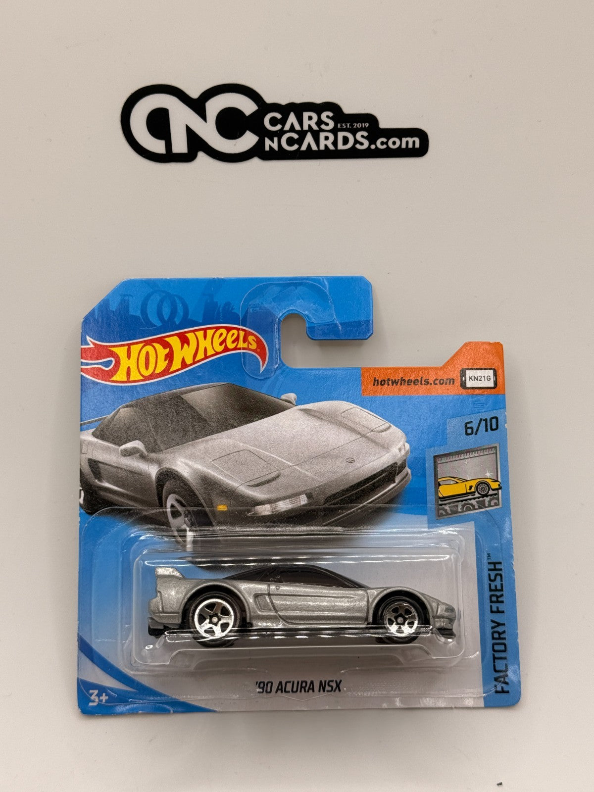2018 Hot Wheels Factory Fresh 6/10 '90 Acura NSX Silver Short Card (Card Crease)