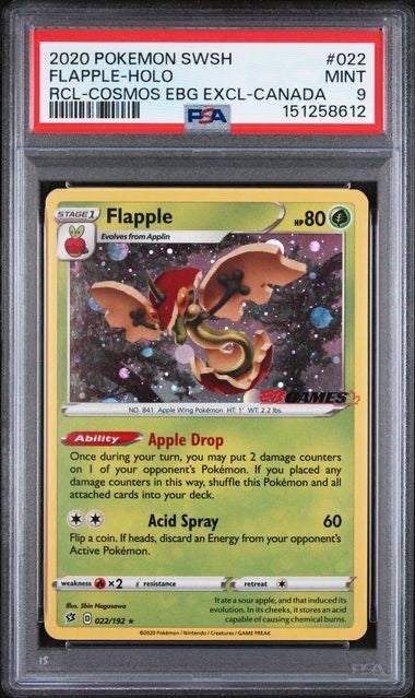 2020 POKEMON SWORD & SHIELD REBEL CLASH #022 FLAPPLE-HOLO COSMOS EB Games PSA 9