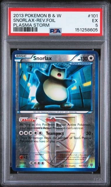 2013 POKEMON BLACK & WHITE PLASMA STORM #101 SNORLAX REVFOIL PLASMA STORM PSA 5