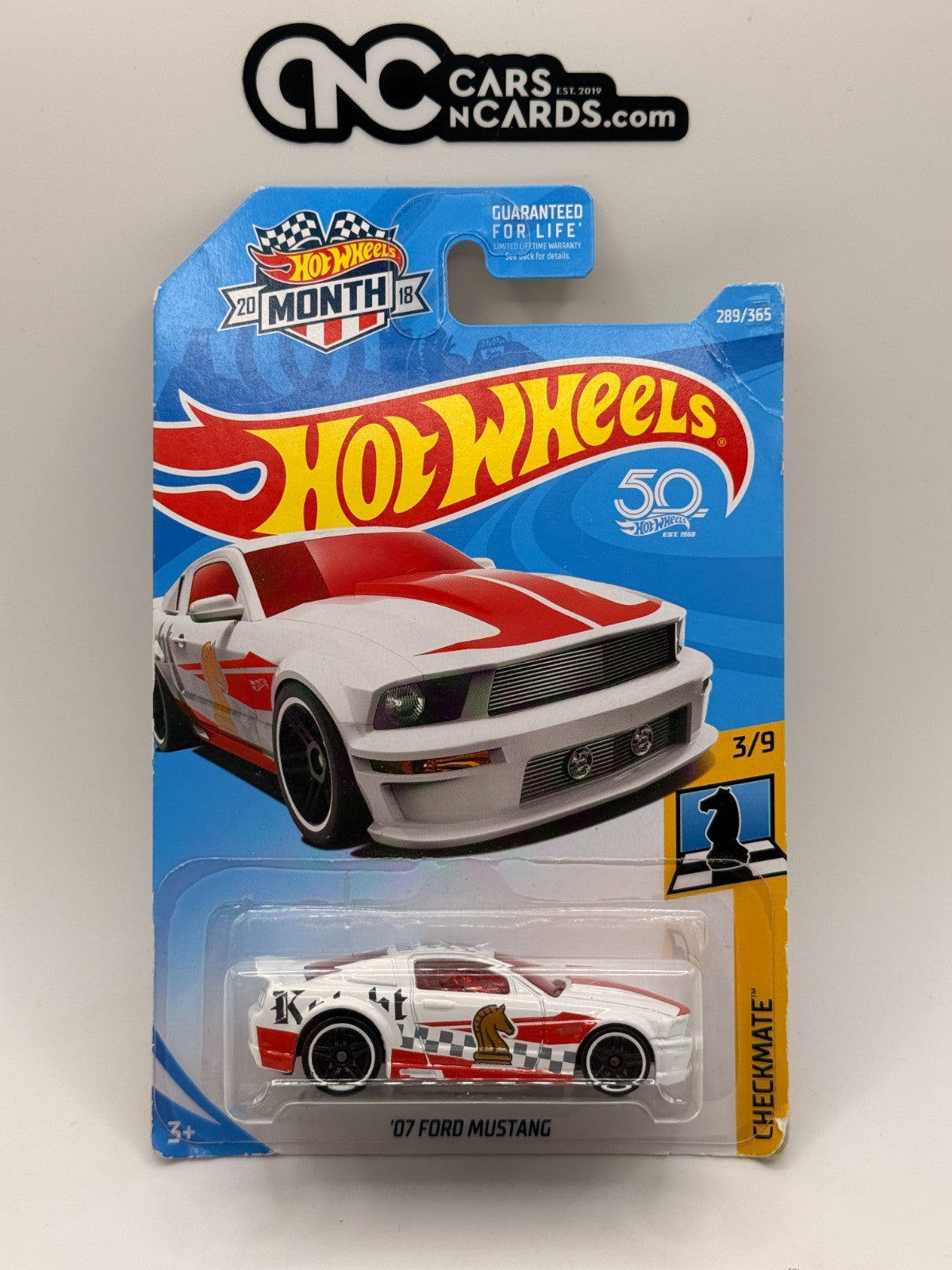 2018 Hot Wheels Checkmate 3/9 '07 Ford Mustang Knight (Card Damage)