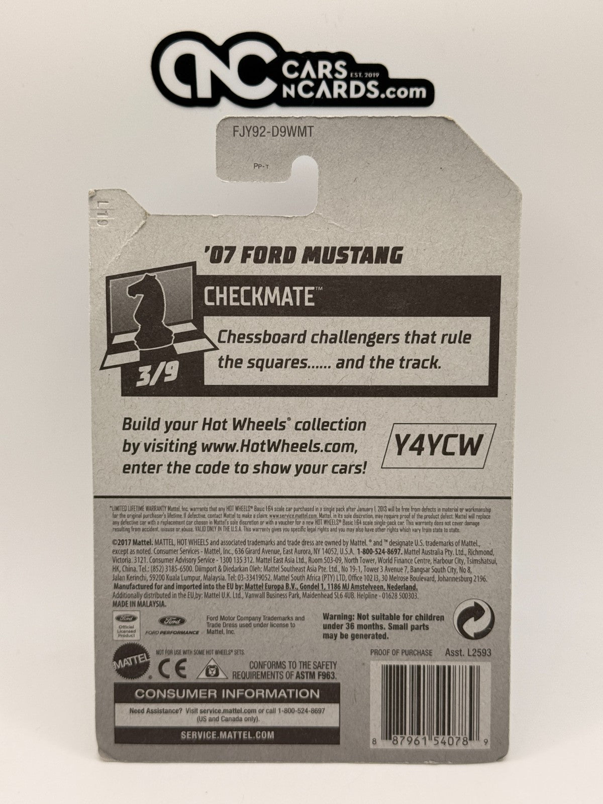 2018 Hot Wheels Checkmate 3/9 '07 Ford Mustang Knight (Card Damage)