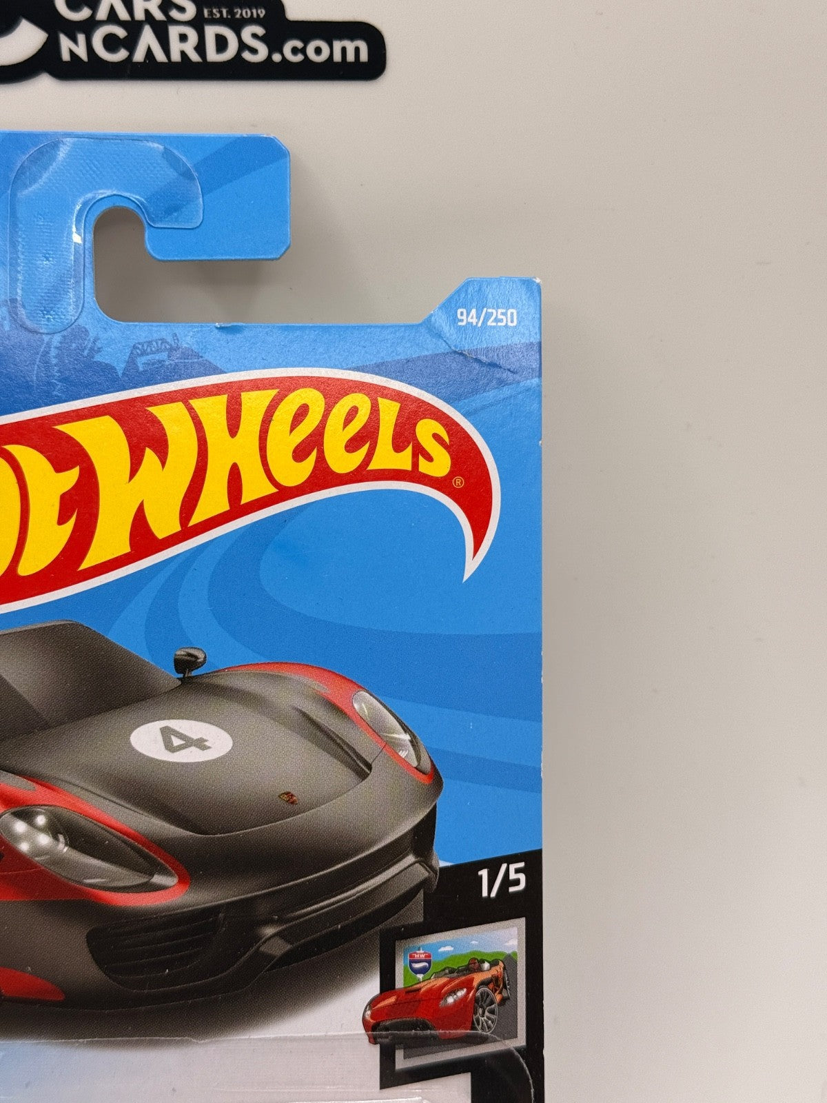2019 Hot Wheels HW Roadsters 1/5 Porsche 918 Black (Card Damage)