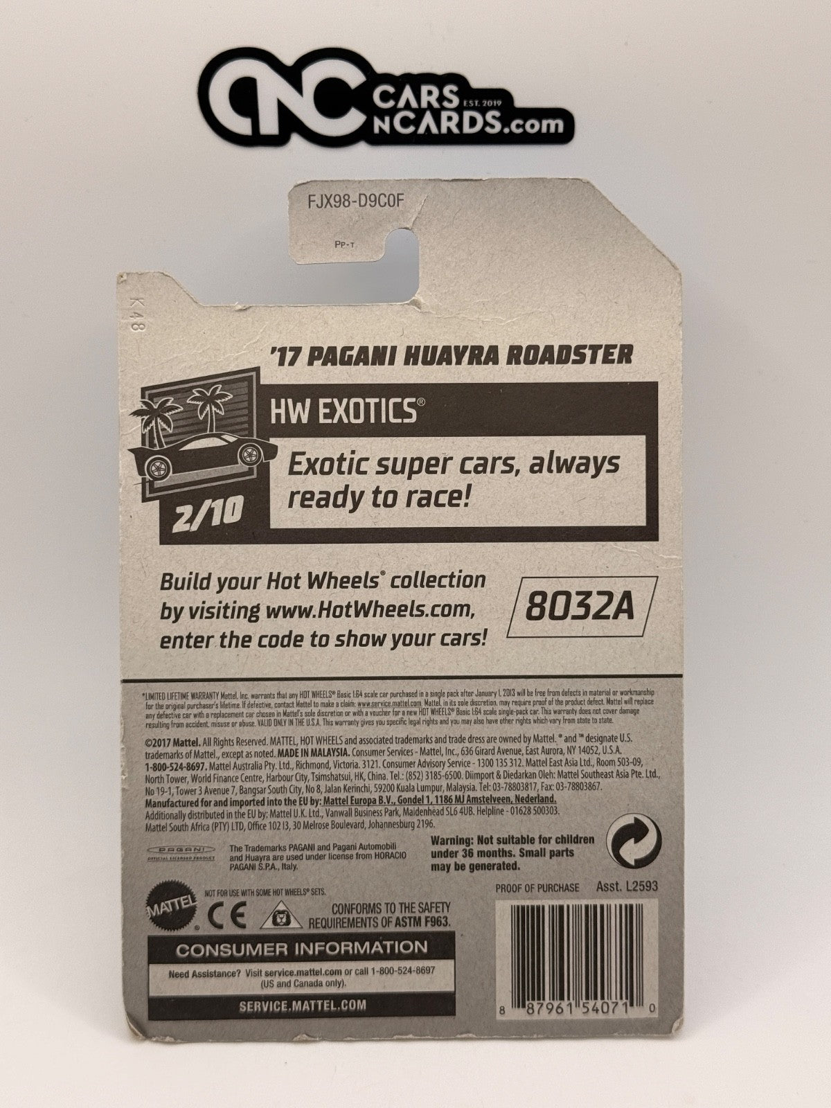 2018 Hot Wheels HW Exotics 2/10 '17 Pagani Huayra Roadster (Card Damage)