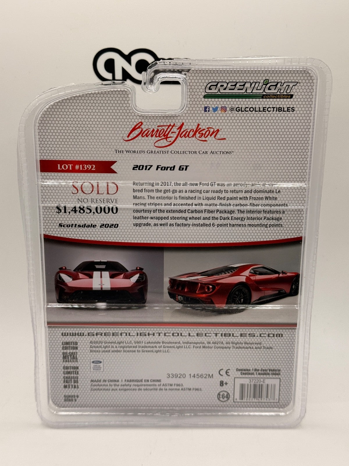Greenlight 1:64 Car Barrett Jackson 2017 FORD GT Liquid Red White Racing Stripes
