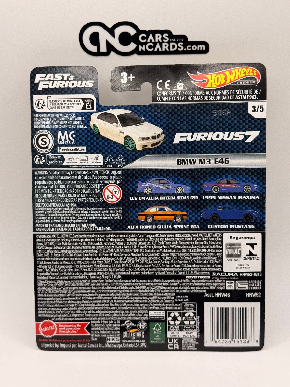 2023 Hot Wheels Premium Fast & Furious 3/5 BMW M3 E46 White