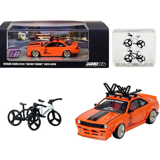 INNO64 Nissan Silvia (S14) Rocket Bunny Boss Aero Orange w/Roof Rack, 2 Bicycles