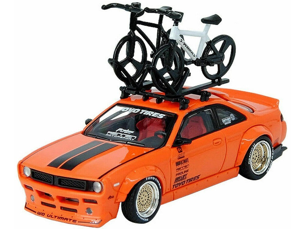 INNO64 Nissan Silvia (S14) Rocket Bunny Boss Aero Orange w/Roof Rack, 2 Bicycles