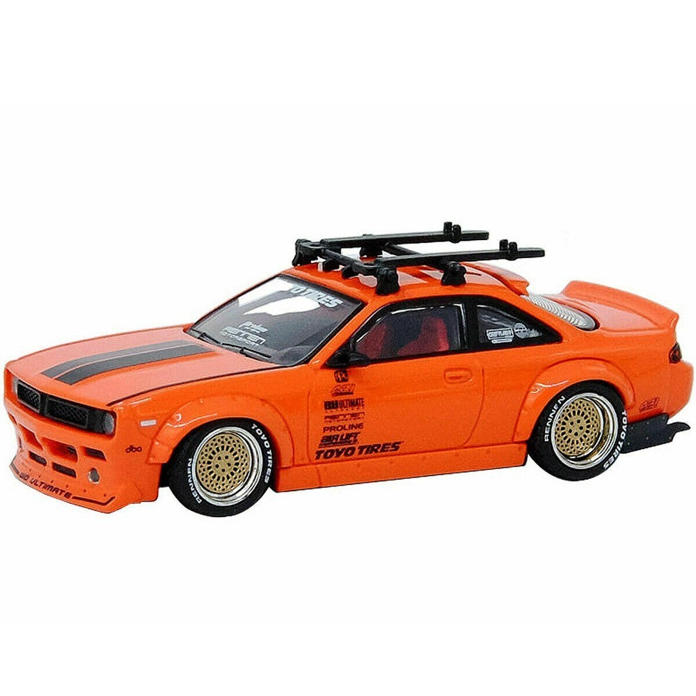 INNO64 Nissan Silvia (S14) Rocket Bunny Boss Aero Orange w/Roof Rack, 2 Bicycles