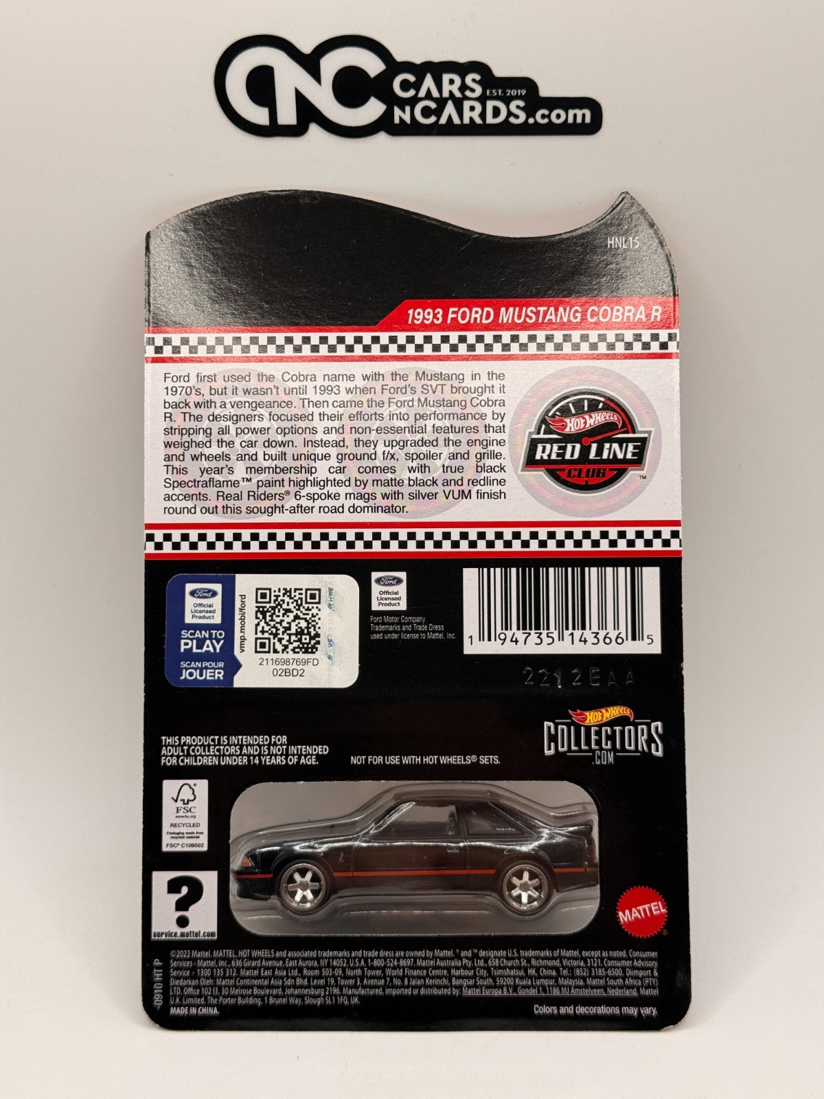 2023 Hot Wheels RLC Red Line Club 1993 Ford Mustang Cobra R Black With Pin/Patch