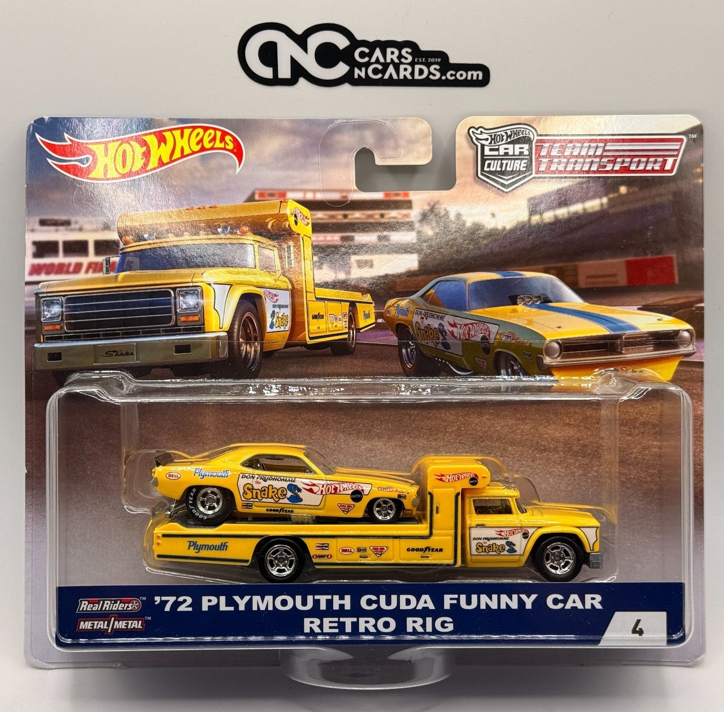 2018 Hot Wheels Premium Team Transport #4 '72 Plymouth Cuda Snake (Soft Corners)