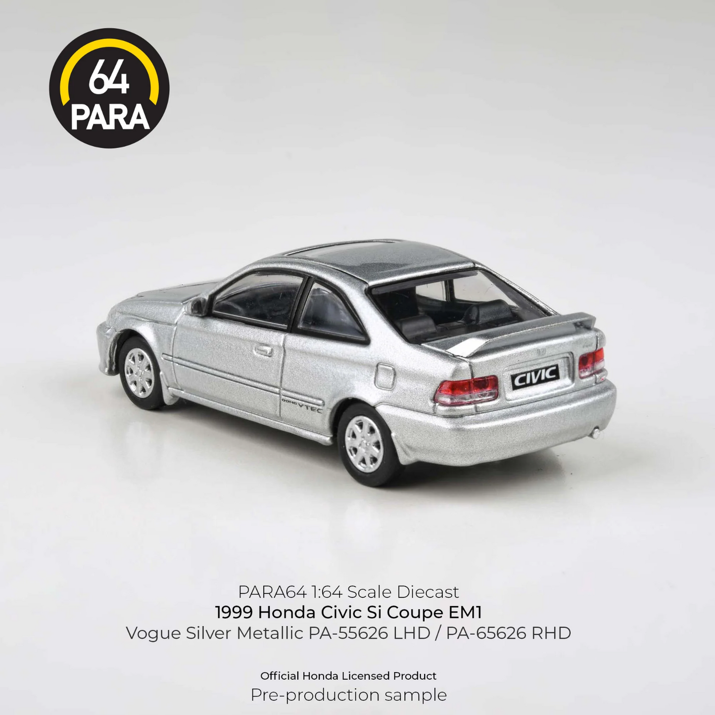 PARA64 1:64 1999 Honda Civic EM1 Vogue Silver Metallic w/wing PA-55626 LHD