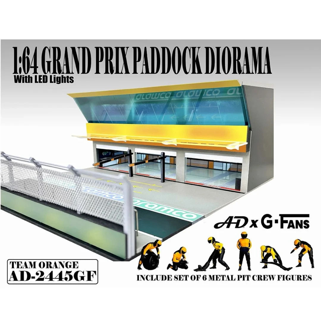 American Diorama 1:64 Grand Prix Paddock Diorama Formula Pit Crew Team Orange