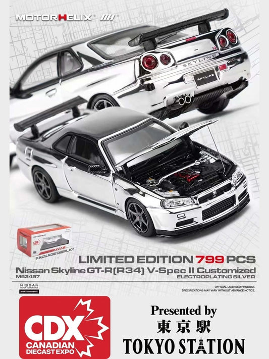 Motorhelix 1:64 NISSAN Skyline GT-R(R34) V-Spec II Electroplating Silver CDX