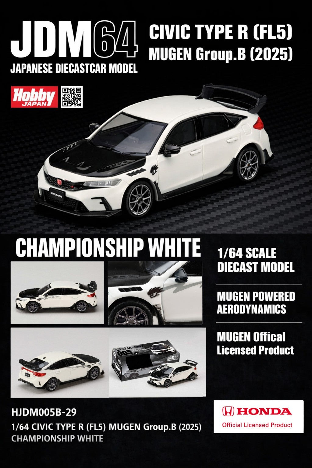 HOBBY JAPAN JDM64 1:64 CIVIC TYPE R (FL5) MUGEN Group.B 2025 CHAMPIONSHIP WHITE
