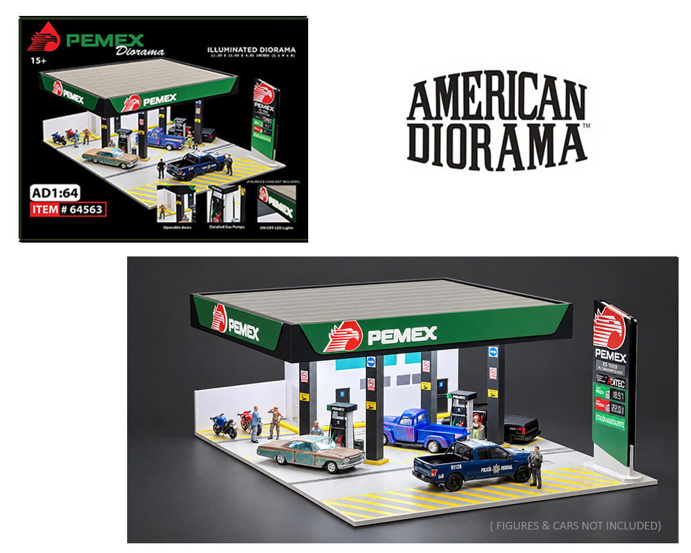 (PRE-ORDER) American Diorama 1:64 PEMEX Gas Station Illuminated LED Diorama (11.2″L x 11.8″W x 4.85″H) AD-64563