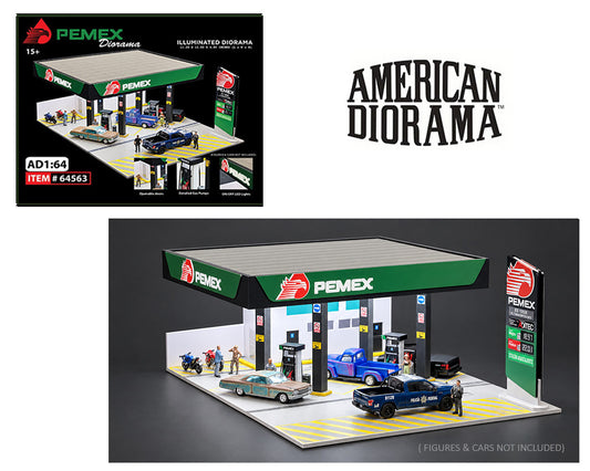 (PRE-ORDER) American Diorama 1:64 PEMEX Gas Station Illuminated LED Diorama (11.2″L x 11.8″W x 4.85″H) AD-64563