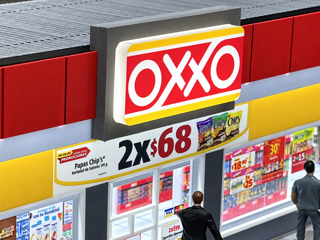 (PRE-ORDER) American Diorama 1:64 OXXO Convenient Store Illuminated LED Light (11.2″L x 11.8″W x 3.2″H) AD-64570