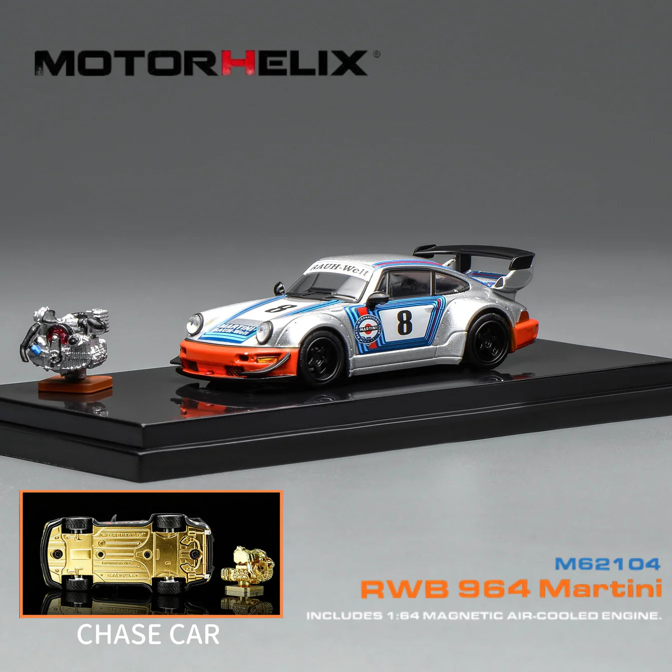 (PRE-ORDER) MOTORHELIX 1:64 RWB 964 Martini with magnetic air-cooled engine M62104 **CHASE CARS ARE RANDOMLY PACKED**