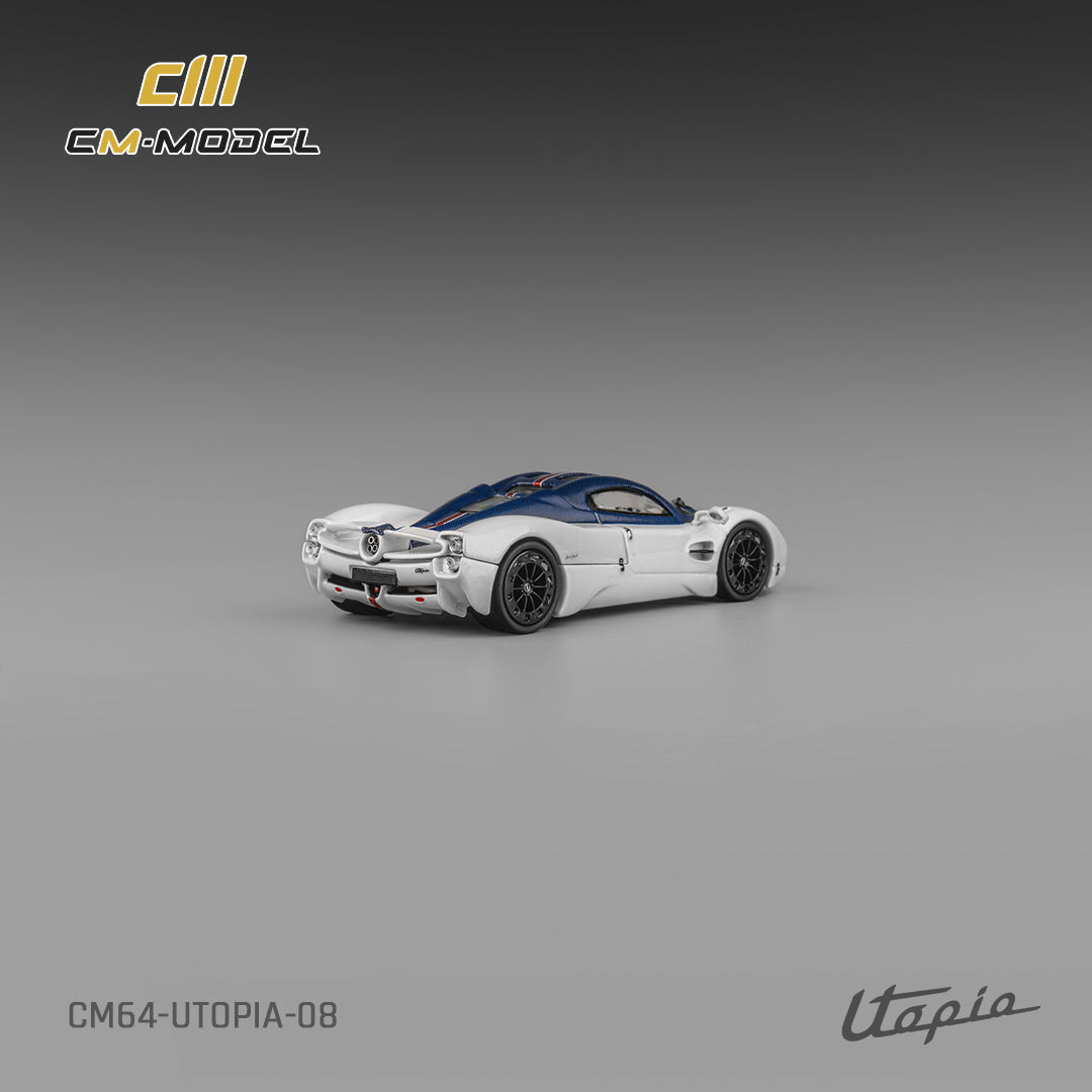 (PRE-ORDER) CM MODEL 1:64 Pagani Utopia Bianco Benny with Blu Francia Carbon & Rosso Monza Stripe CM64-Utopia-08